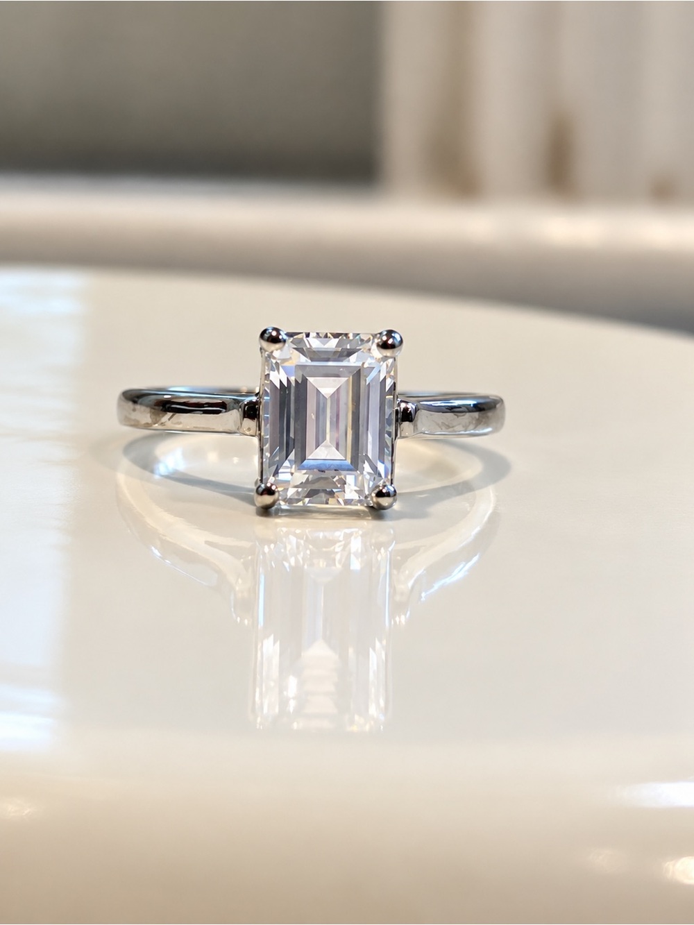 Classic Emerald-Cut Solitaire Ring - Silver Tone Clear Stone